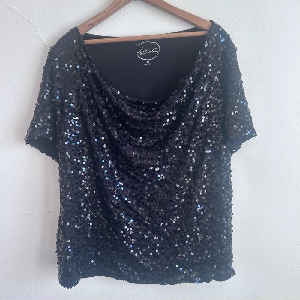 INC International Concepts Black Sequin Cowl Neck Top - Plus Size 2X